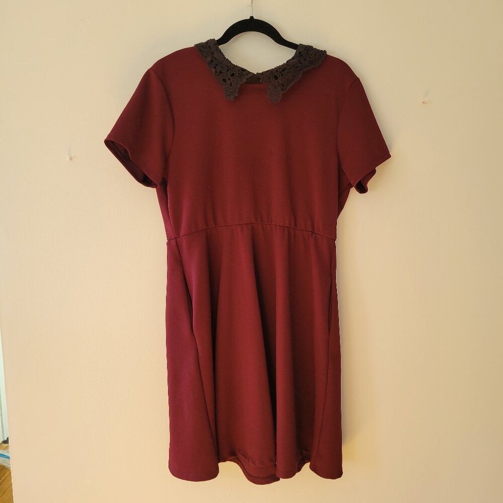 Burgundy dress with black lace collar